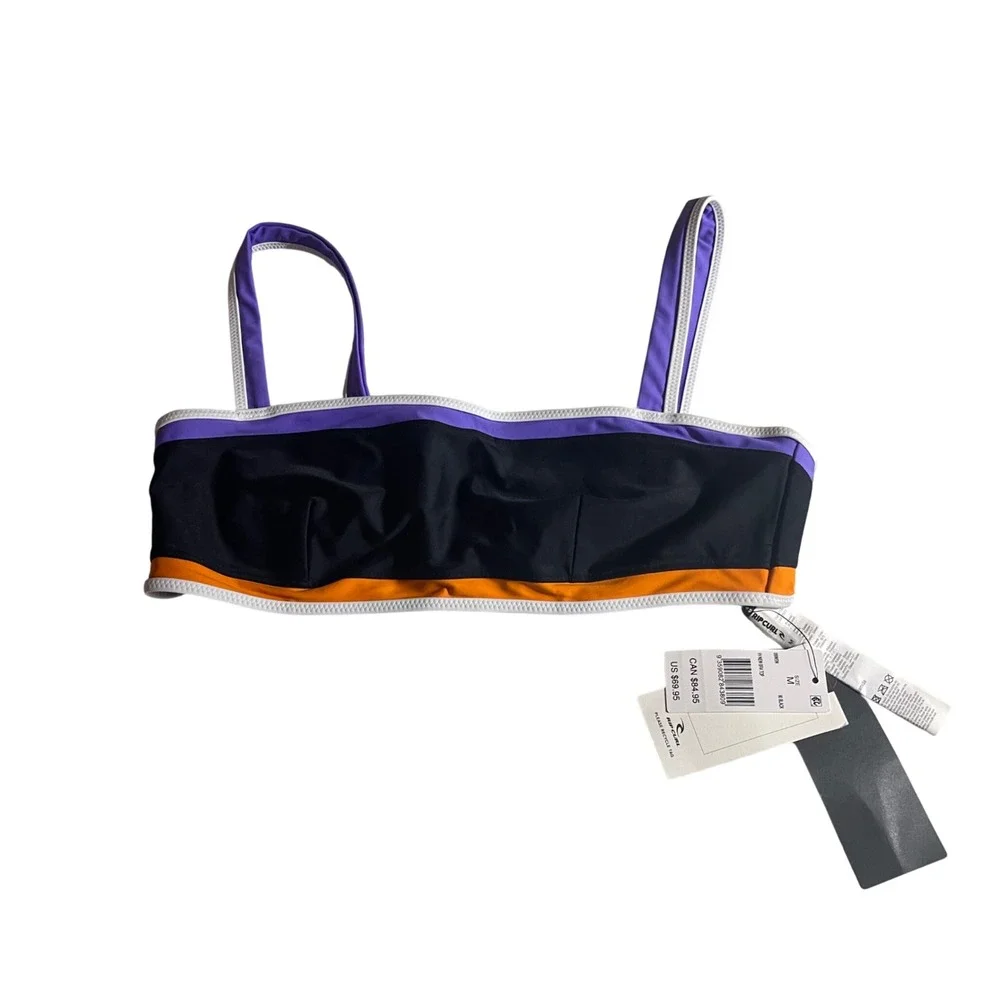 Rip Curl Women Black Purple Orange Colorblock Bandeau Bikini‎ Top Medium NWT